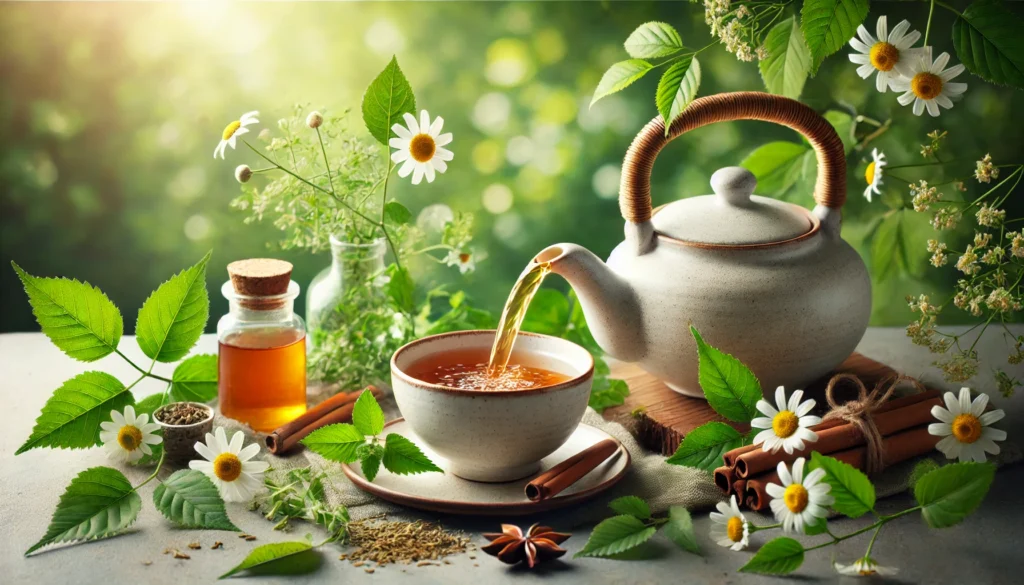A tranquil nature-inspired detox tea scene with a ceramic teapot pouring herbal tea into a cup, surrounded by fresh green leaves, chamomile flowers, and cinnamon sticks, set against a softly blurred greenery background