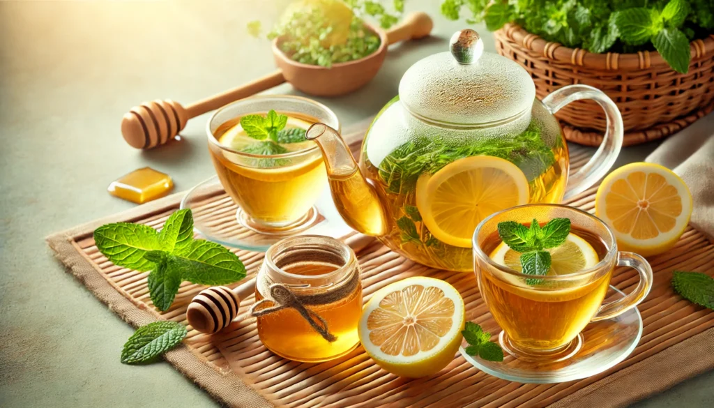 A refreshing detox tea setup featuring a glass teapot and matching cups filled with golden herbal tea, placed on a bamboo mat with slices of lemon, fresh mint leaves, and honey beside it, with soft sunlight filtering through the scene
