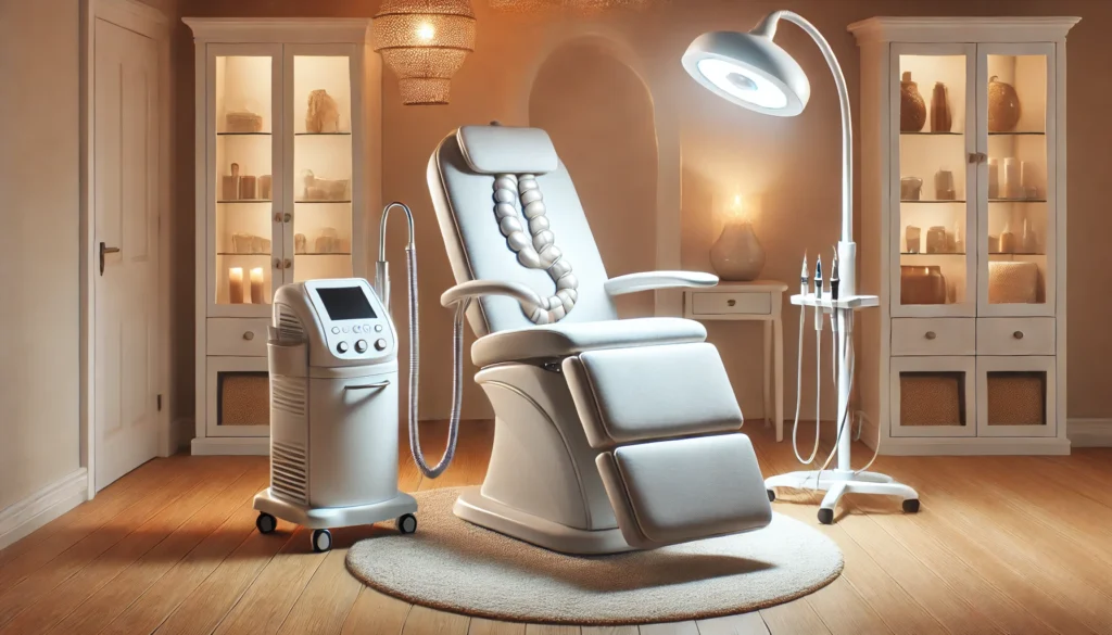 A serene spa environment featuring a modern colonic hydrotherapy machine, a reclining chair, and ambient lighting, emphasizing wellness and hygiene.