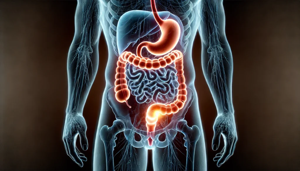 A semi-transparent human silhouette showing a glowing, healthy digestive system, symbolizing cleansing and detoxification