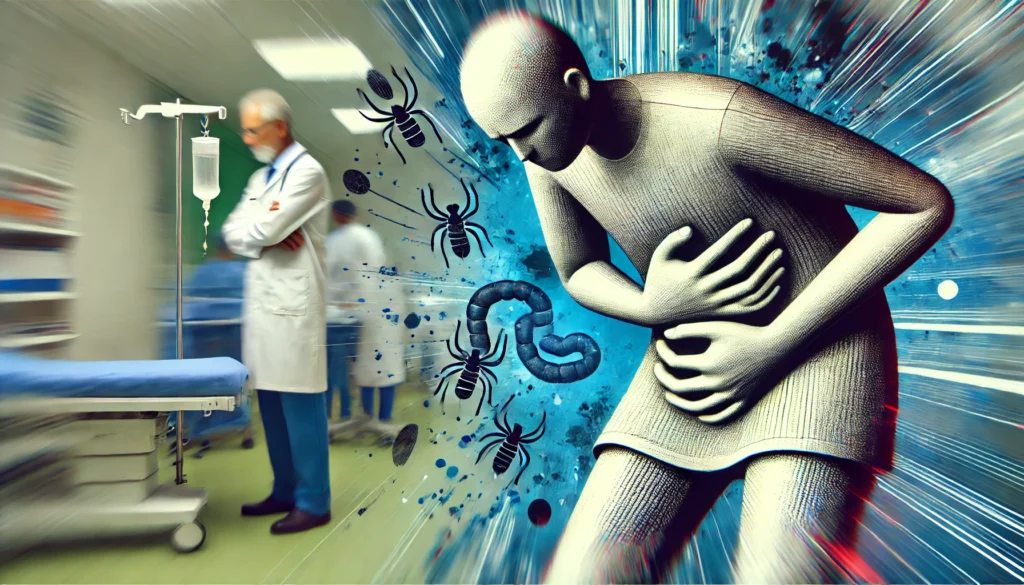 A contrast image portraying discomfort, with a person clutching their stomach in pain, suggesting caution and awareness in a clinical setting.