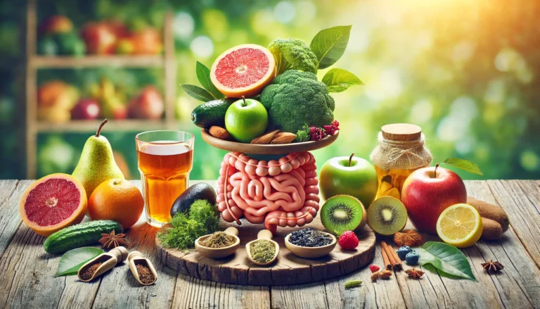 A vibrant display of fresh fruits, vegetables, and herbal teas on a wooden table, promoting natural digestion and internal wellness.