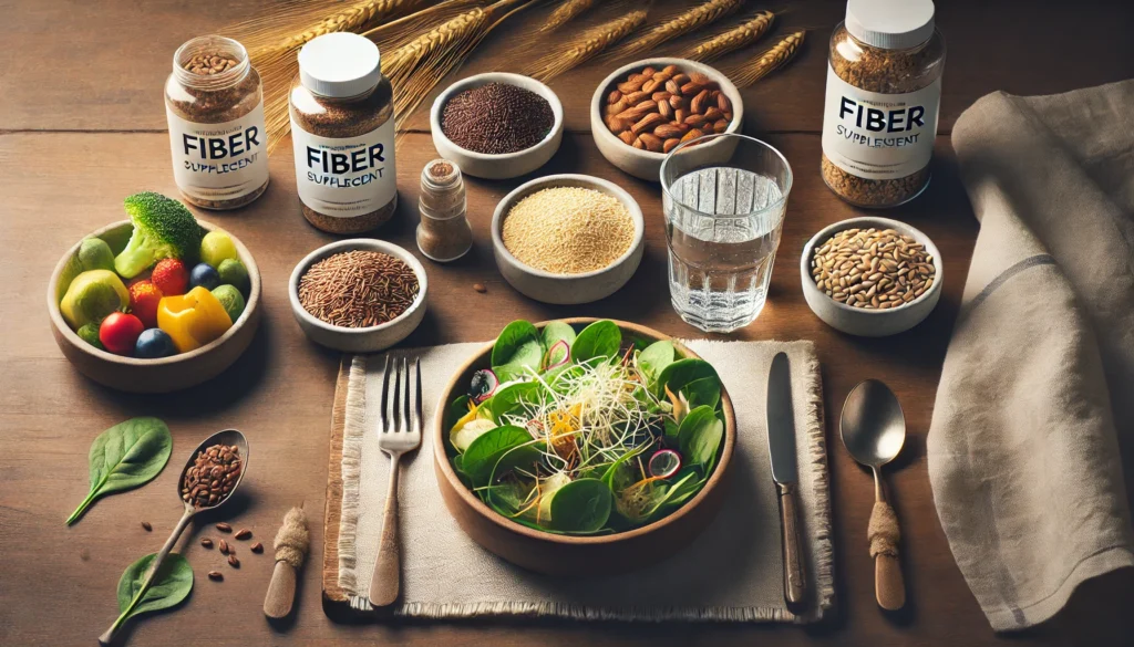 A peaceful dinner table setting featuring fiber-rich meals, a glass of water with a fiber supplement, and a balanced selection of whole grains and vegetables, illustrating the choice between taking fiber before or after a meal.
