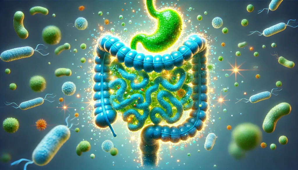 Are There Inno Cleanse Side Effects? What You Need to Know About Safety and Effectiveness 2 A visualization of a healthy gut microbiome, featuring a glowing, vibrant ecosystem of beneficial bacteria in the intestines. The image emphasizes balance, cleanliness, and wellness with a soothing blue and green color scheme
