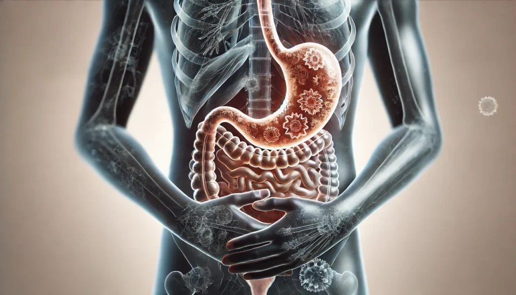 Are There Inno Cleanse Side Effects? What You Need to Know About Safety and Effectiveness 3 A conceptual representation of potential side effects of digestive supplements, depicting a human silhouette holding their stomach with a semi-transparent overlay of mild discomfort, bloating, and inflammation. The image has a medical and wellness theme with a neutral color palette
