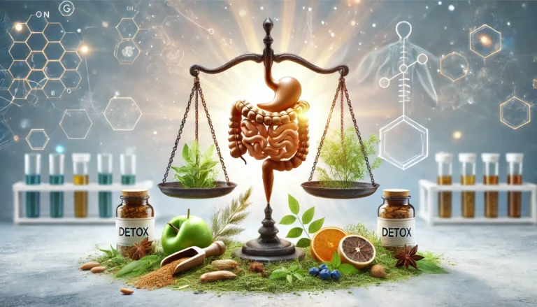 A symbolic image representing the effectiveness and safety of digestive detox supplements, featuring a balanced scale with a glowing digestive system on one side and natural herbal ingredients on the other. The background has a soft medical and wellness theme