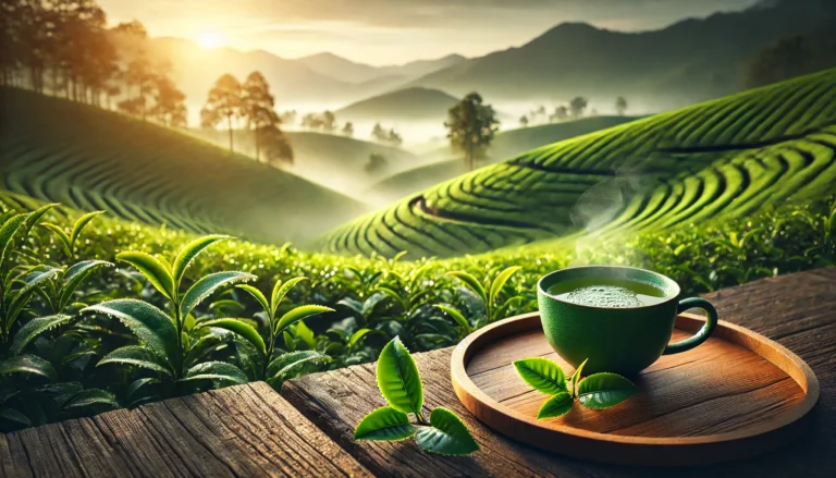 A serene tea plantation at sunrise with vibrant green tea leaves covered in morning dew. A steaming cup of green tea sits on a rustic wooden table in the foreground, symbolizing purity and natural detoxification