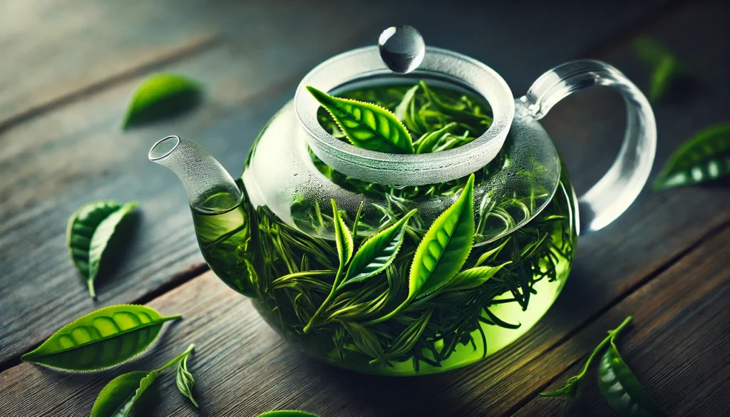 A close-up of green tea leaves steeping in hot water inside a transparent glass teapot. The vibrant green color of the leaves contrasts with the clear water, illustrating the natural cleansing and detoxifying effects of green tea