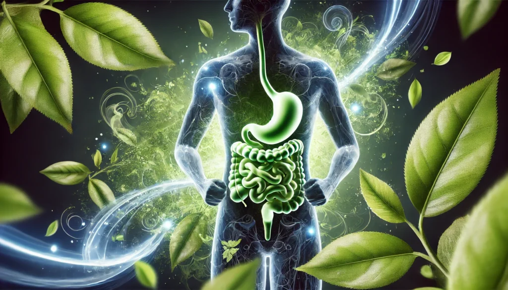 A conceptual digital illustration of a human silhouette with a glowing digestive system, surrounded by swirling green tea leaves and vapor. This image symbolizes the detoxifying and cleansing effects of green tea on the body