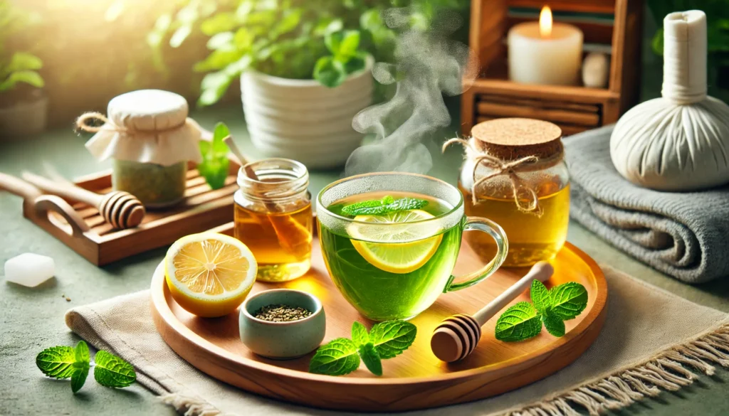 A wooden tray holds a steaming cup of green tea, fresh lemon slices, mint leaves, and a small jar of honey in a spa-like setting. The soft lighting and fresh ingredients evoke relaxation, wellness, and the cleansing properties of green tea