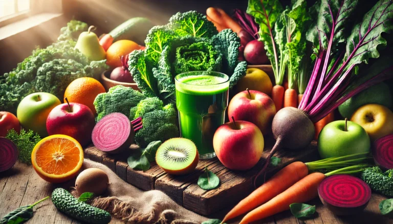 A vibrant display of fresh fruits and vegetables on a rustic wooden table, including kale, carrots, beets, apples, and oranges, with a glass of freshly pressed green juice at the center, illuminated by soft natural light