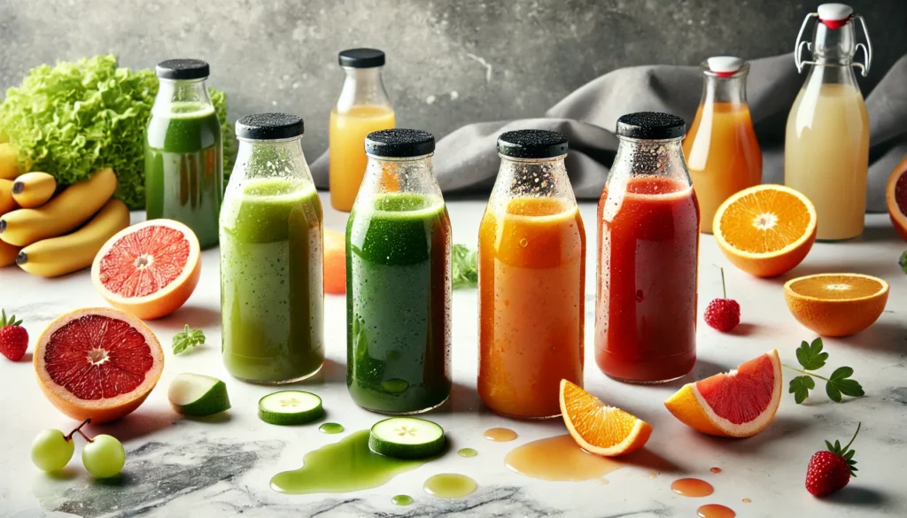 A colorful selection of freshly pressed juices in glass bottles placed on a white marble countertop, surrounded by splashes of juice and fresh fruit slices, highlighting the variety of green, orange, and red detox juices