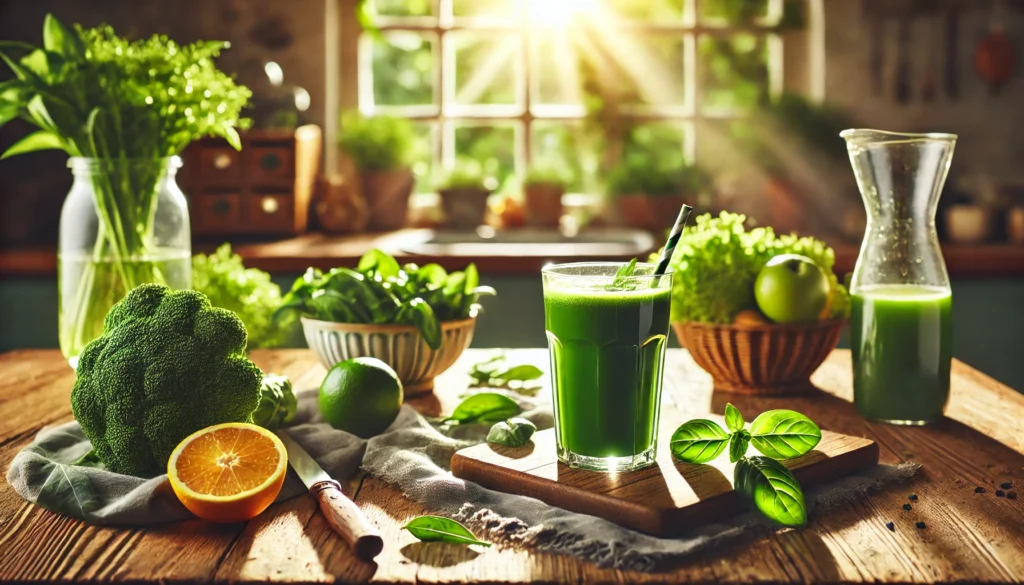 A serene morning scene featuring a glass of green detox juice on a wooden kitchen table, accompanied by fresh leafy greens and citrus fruits, with warm sunlight streaming through a window to create a fresh and inviting atmosphere