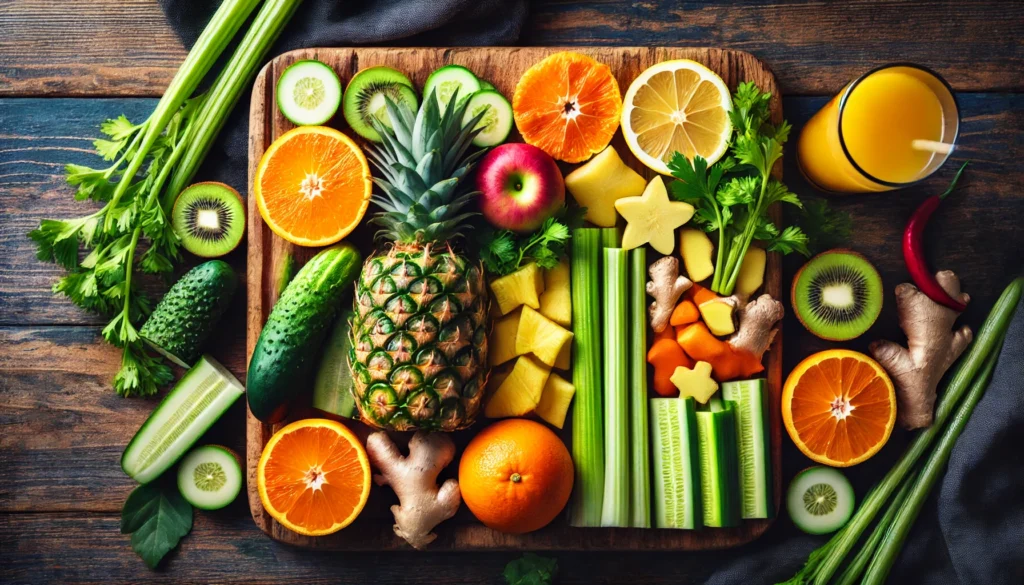 A top-down view of a wooden cutting board filled with freshly cut oranges, pineapples, celery, cucumbers, and ginger, ready to be juiced, with natural lighting emphasizing the vibrant colors and textures
