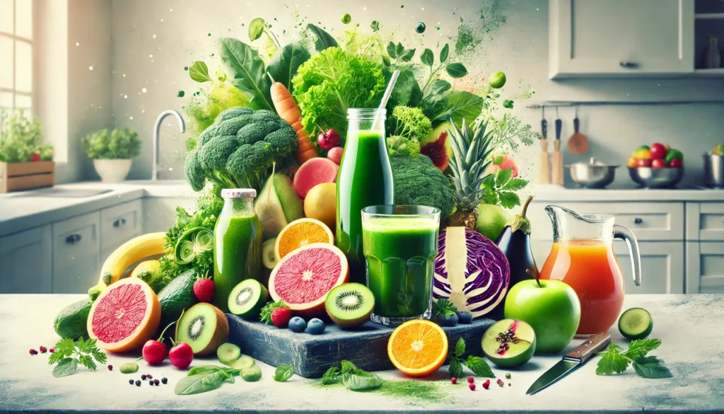 A vibrant display of fresh fruits, vegetables, and nutrient-rich liquids such as smoothies and herbal teas in a modern kitchen, symbolizing a detoxifying liquid diet