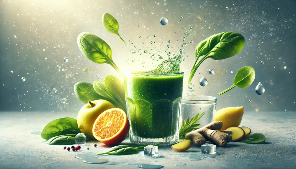 A transparent glass filled with a rich detox smoothie, surrounded by floating water droplets, lemon, spinach, and ginger, highlighting the concept of liquid weight loss and cleansing
