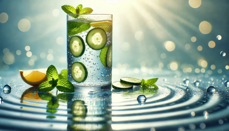 A calming and refreshing scene featuring a glass of infused detox water with cucumber, lemon, and mint, set against a serene water ripple background, symbolizing hydration and renewal