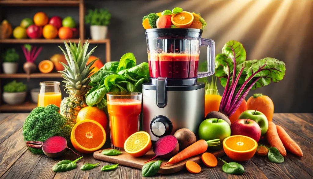 A vibrant arrangement of fresh fruits and vegetables, including oranges, apples, carrots, spinach, and beets, surrounding a high-quality juicer on a wooden countertop, illuminated by natural light