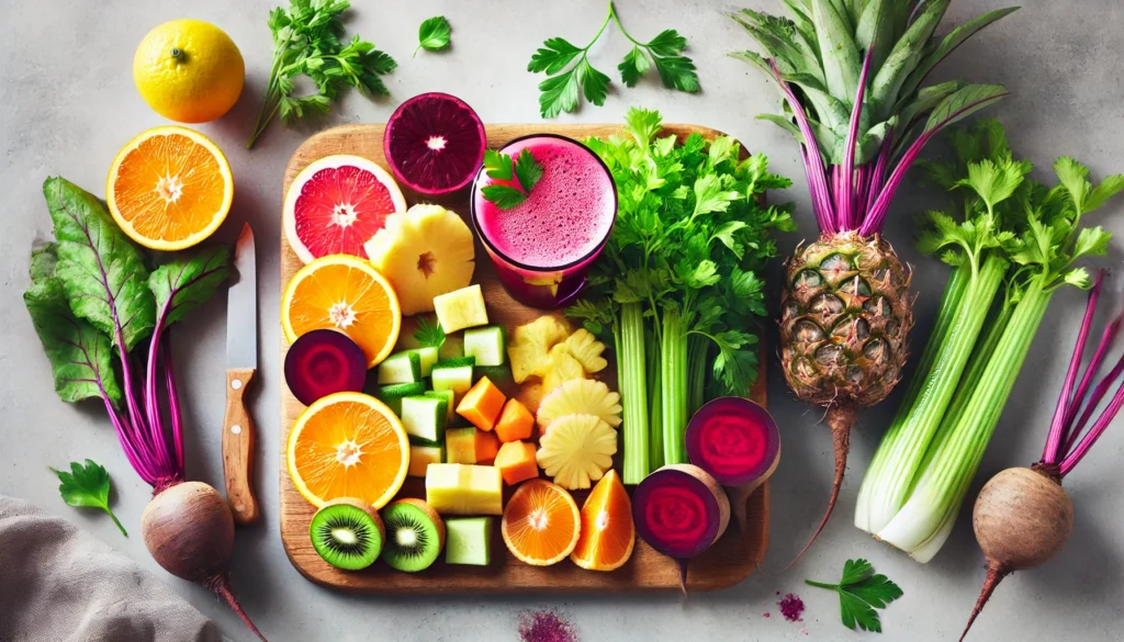 A top-down view of a wooden cutting board with freshly chopped fruits and vegetables such as oranges, pineapples, beets, celery, and parsley, next to a glass of freshly squeezed juice, highlighting cleanliness and vibrancy