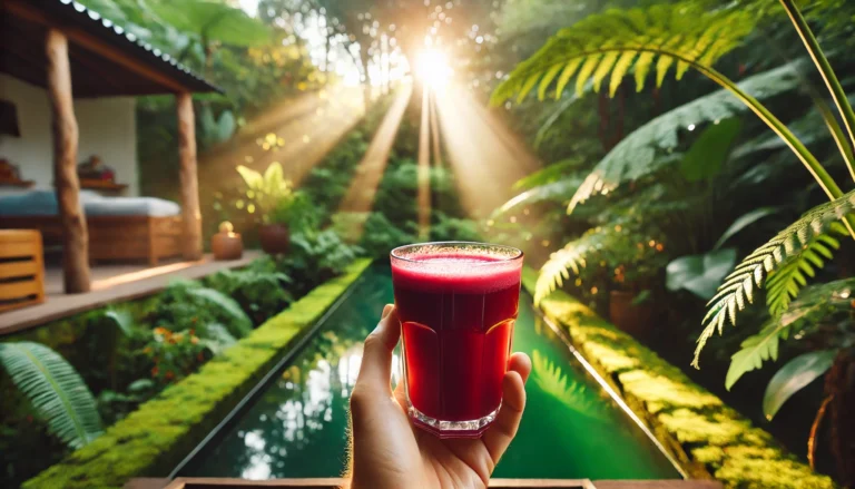 A tranquil outdoor setting featuring a person holding a glass of fresh detox juice, with lush greenery and soft sunlight filtering through the leaves, evoking relaxation and wellness
