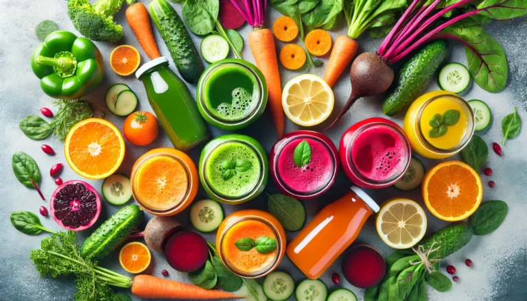 A vibrant top-down view of a colorful juice cleanse spread featuring freshly squeezed juices in glass jars, surrounded by fresh fruits and vegetables such as oranges, carrots, beets, spinach, and cucumbers, symbolizing a healthy detox and weight loss plan