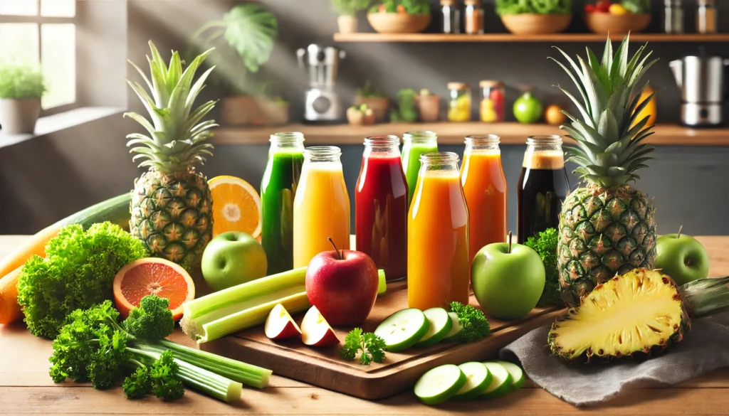 A bright and refreshing detox juice preparation scene in a modern kitchen, with a wooden countertop displaying an assortment of colorful fresh juices in glass bottles, accompanied by chopped fruits and vegetables like pineapples, apples, celery, and kale, promoting a natural juice cleanse for weight loss