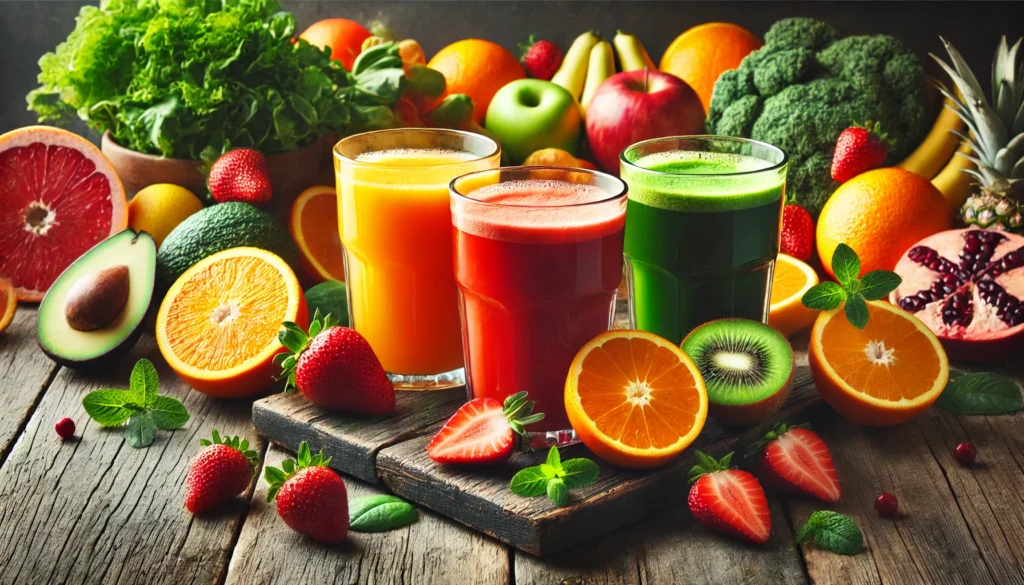 A vibrant and refreshing fruit juice detox scene with three glasses of freshly made weight-loss juices placed on a rustic wooden table, surrounded by fresh fruits and leafy greens including oranges, strawberries, kale, and mint, emphasizing a natural and energizing juice cleanse for wellness