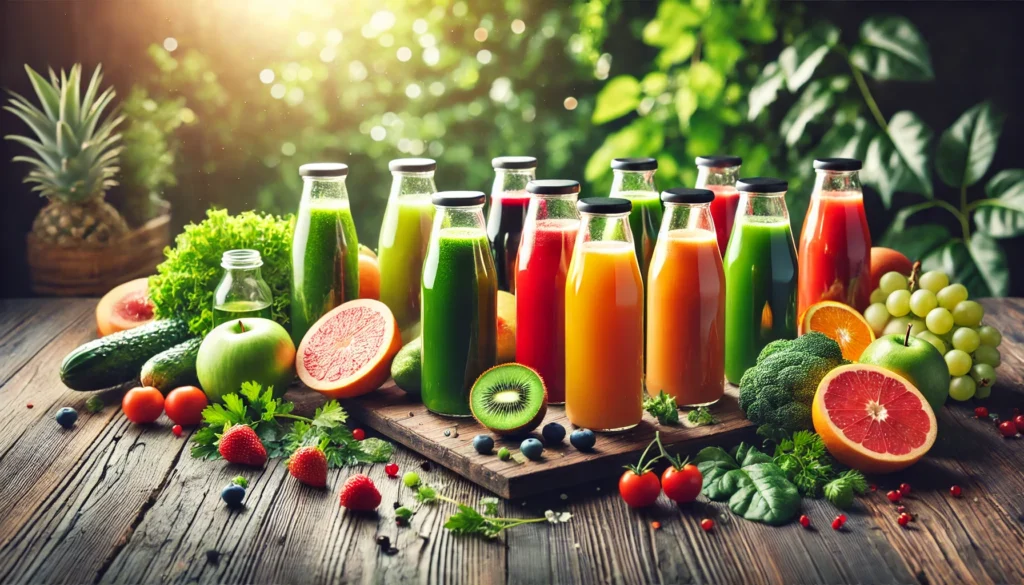 A vibrant assortment of organic cold-pressed juices in glass bottles, arranged on a rustic wooden table with fresh fruits and leafy greens, illuminated by soft natural lighting