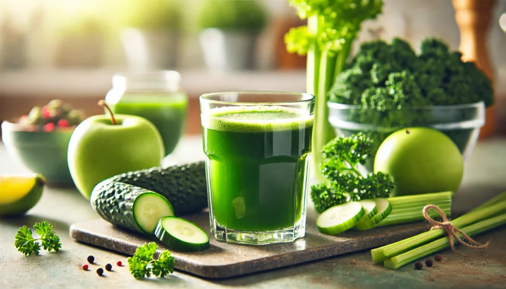 A refreshing glass of green detox juice with condensation, surrounded by kale, cucumber, celery, and green apples, set on a natural stone countertop in a sunlit kitchen