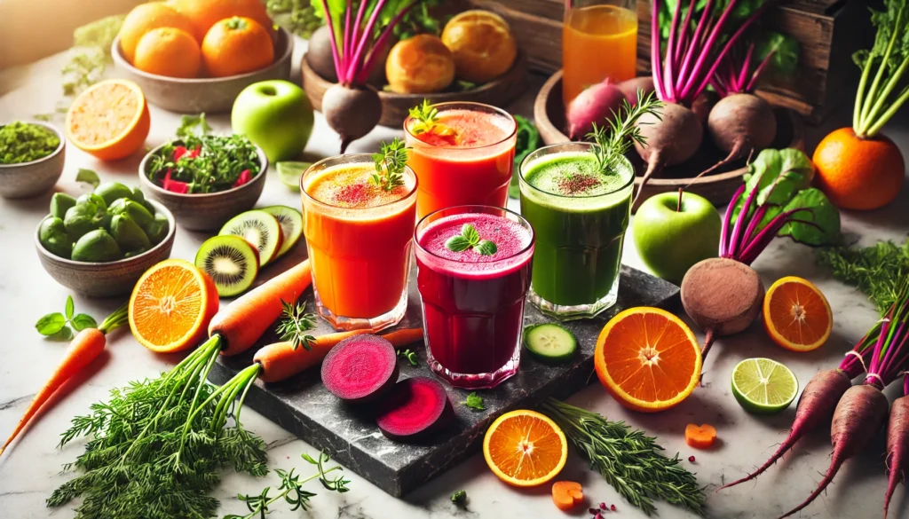 A beautifully arranged detox juice setup with multiple glasses of organic juices in red, orange, and green hues, placed on a marble countertop with fresh citrus, beets, and herbs