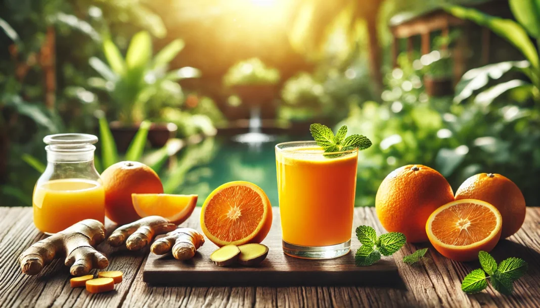 A tranquil outdoor setting featuring a glass of freshly made orange detox juice on a wooden table, surrounded by fresh oranges, ginger, and turmeric, with lush greenery in the background