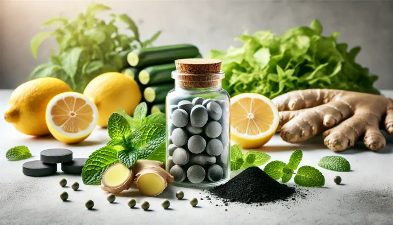 A bottle of detox and debloat pills surrounded by fresh natural ingredients such as ginger, mint, lemon, and activated charcoal, symbolizing purity and wellness.