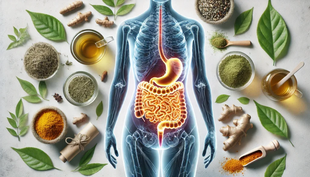 A transparent human body with a glowing digestive system, surrounded by green tea leaves, turmeric, and probiotics, highlighting inner wellness and gut health