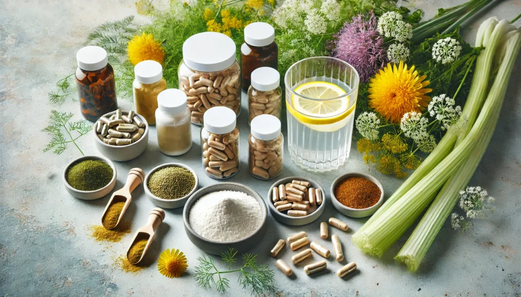Detox and debloat supplements in capsule and powder form, displayed alongside fennel, dandelion, digestive enzymes, and a glass of detox-infused water, set against a fresh and organic background.
