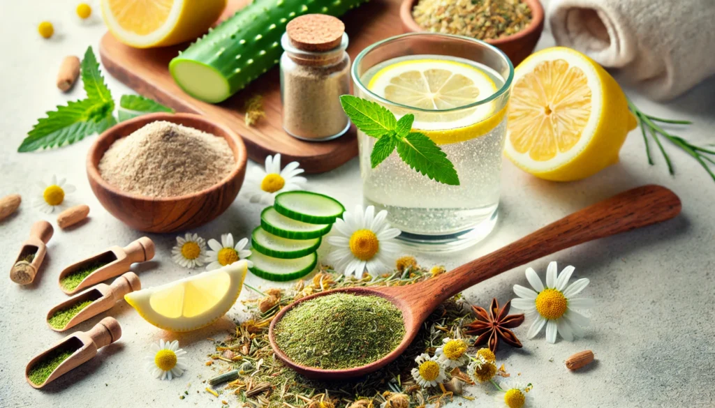 A wooden spoon filled with herbal detox powder, surrounded by fresh aloe vera, lemon slices, and chamomile flowers. A glass of detox-infused water with floating mint leaves sits beside it, creating a bright and refreshing scene symbolizing natural cleansing and digestion
