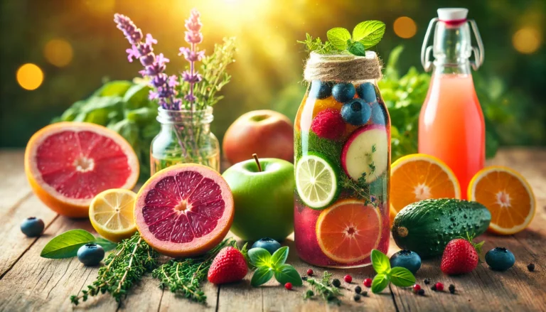 A vibrant detox drink in a glass bottle surrounded by fresh fruits and herbs, symbolizing health and purification, set against a soft, glowing natural background