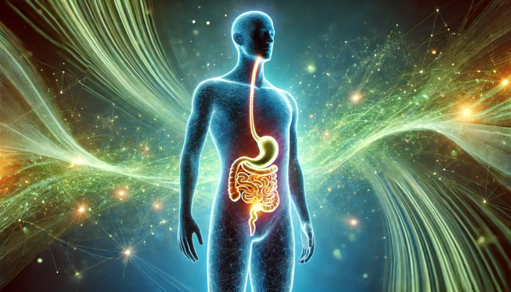 A conceptual representation of detoxification inside the human body, featuring a glowing silhouette with energy waves flowing through the digestive system, symbolizing cleansing and toxin remova