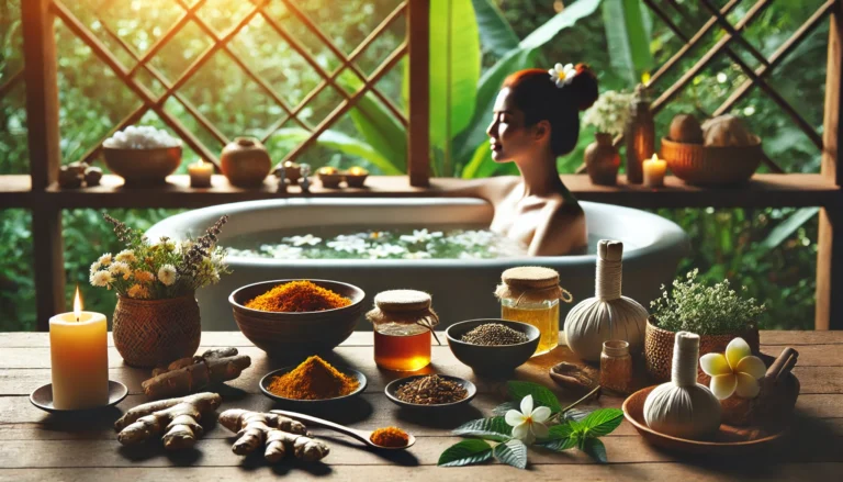 A serene spa setting with a woman relaxing in a warm herbal bath, surrounded by detoxifying ingredients like ginger, turmeric, and mint, symbolizing relaxation and internal cleansing