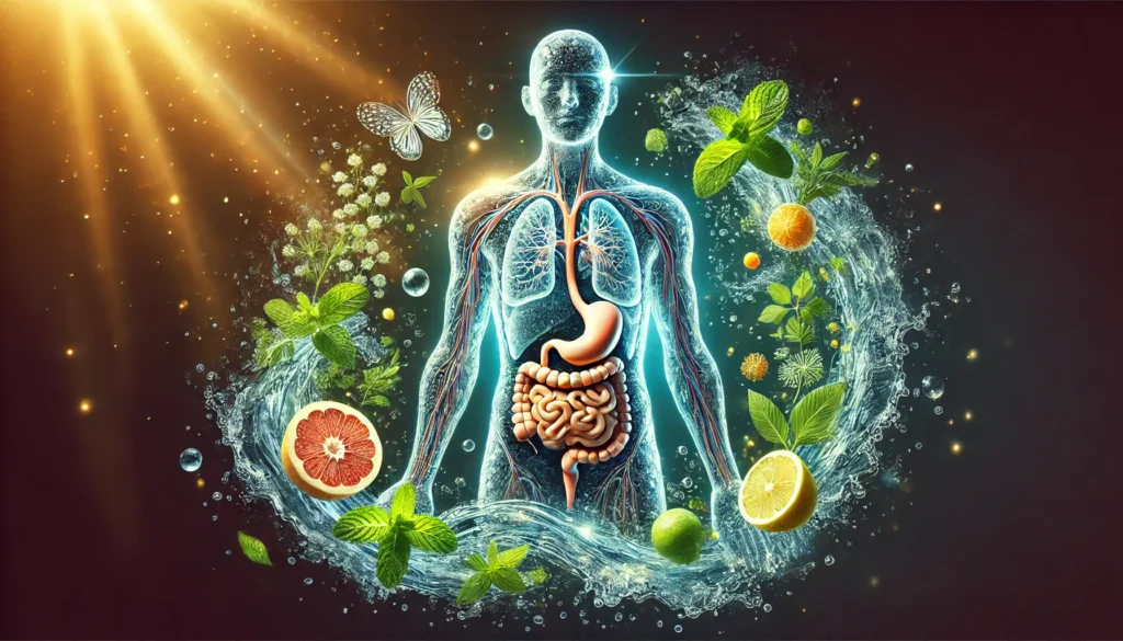 A visually engaging depiction of the body flushing out toxins, showing a glowing transparent human figure with highlighted organs, surrounded by swirling water, mint leaves, and citrus fruits, symbolizing cleansing and renewal