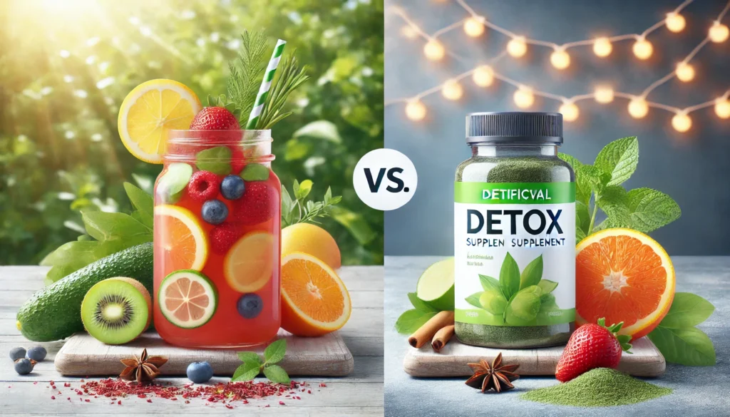A comparison of natural and artificial detox methods, featuring a fresh homemade detox drink with fruits and herbs on one side, and a commercial detox supplement bottle on the other, representing different approaches to cleansing