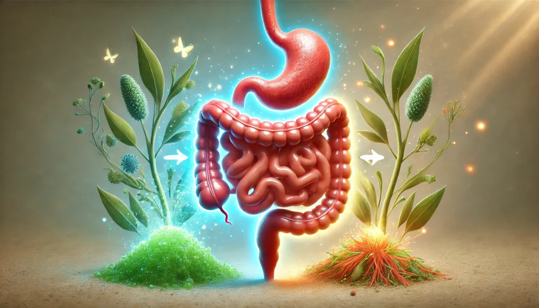 An artistic illustration depicting gut health improvement through a mucus plaque cleanse. The image shows a glowing, healthy digestive tract transitioning from a clogged, unhealthy state to a clean, revitalized one, symbolizing detoxification and wellness