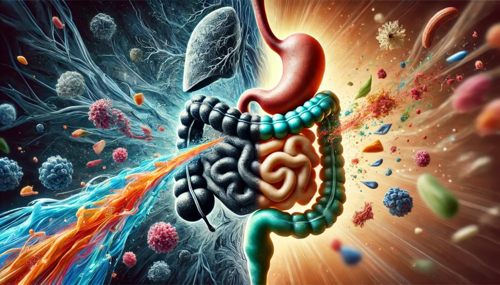 A conceptual representation of the detoxification process during a mucus plaque cleanse. The image highlights toxins and waste being flushed from the intestines, with a before-and-after effect showing a transition from a congested gut to a clean, healthy digestive system