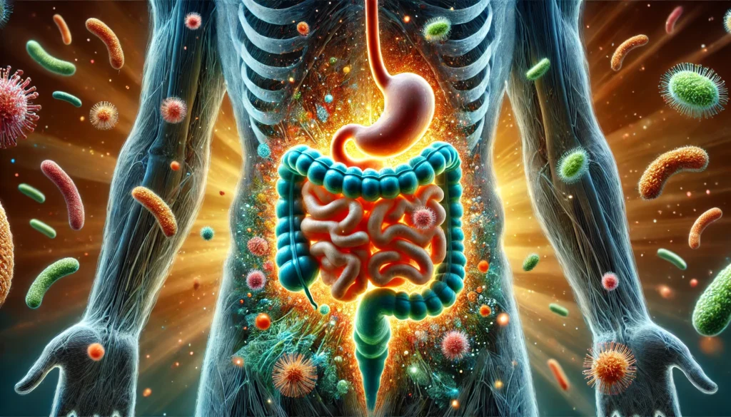 A visually striking depiction of gut flora rebalance after a mucus plaque cleanse. The image showcases a thriving microbiome with beneficial bacteria represented as glowing orbs, symbolizing restored gut health and harmony.