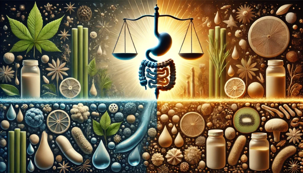 A symbolic visualization of the potential risks and challenges of a mucus plaque cleanse. The image contrasts beneficial cleansing effects with possible adverse reactions, such as bloating, using light and dark elements to illustrate the balance between rewards and difficulties.