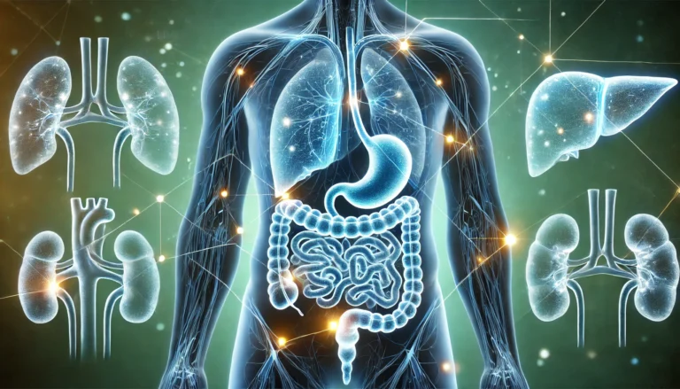 A futuristic digital visualization of the human body's detoxification process, with glowing pathways highlighting the liver, kidneys, and digestive system removing toxins. The sleek, scientific design in blue and green tones symbolizes purity and renewal.