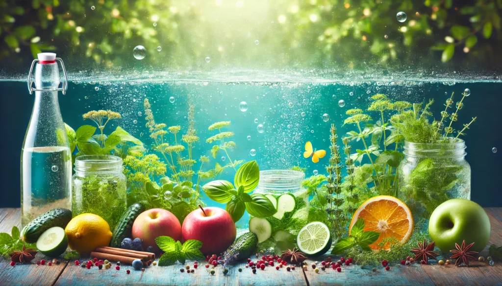 A serene natural landscape featuring fresh herbs, fruits, and detoxifying plants floating in pure, crystal-clear water. Tiny glowing particles represent natural cleansing properties, evoking a sense of vitality and health