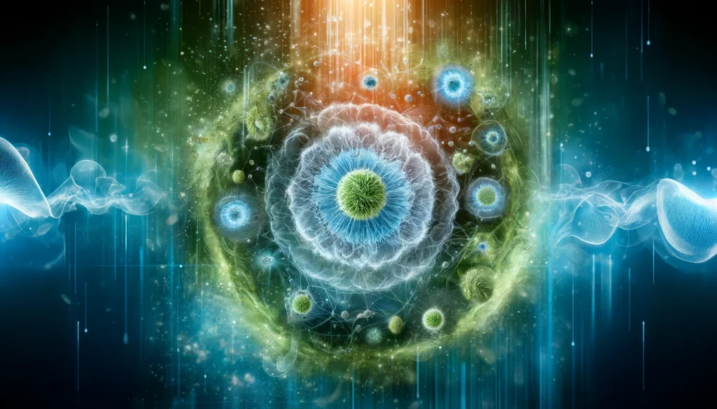 A microscopic representation of detoxification at the cellular level, showing glowing cells purging toxins, surrounded by an aura of cleansing energy. The abstract blue-green background symbolizes a natural and scientific approach to wellness