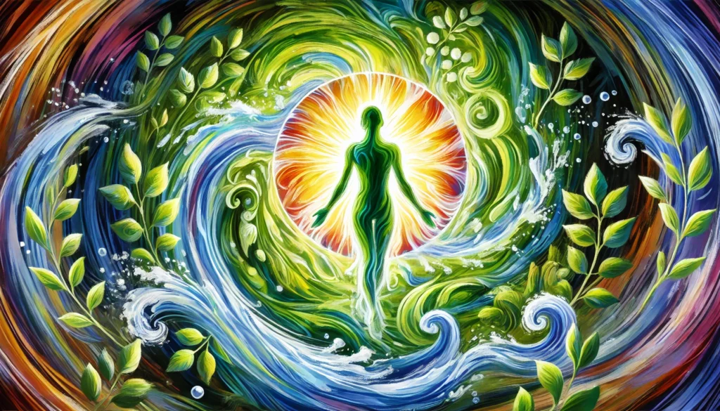 A vibrant artistic depiction of a person enveloped by swirling natural energy, symbolizing detoxification. Green leaves and water elements surround their radiant body, representing inner cleansing, renewal, and balance