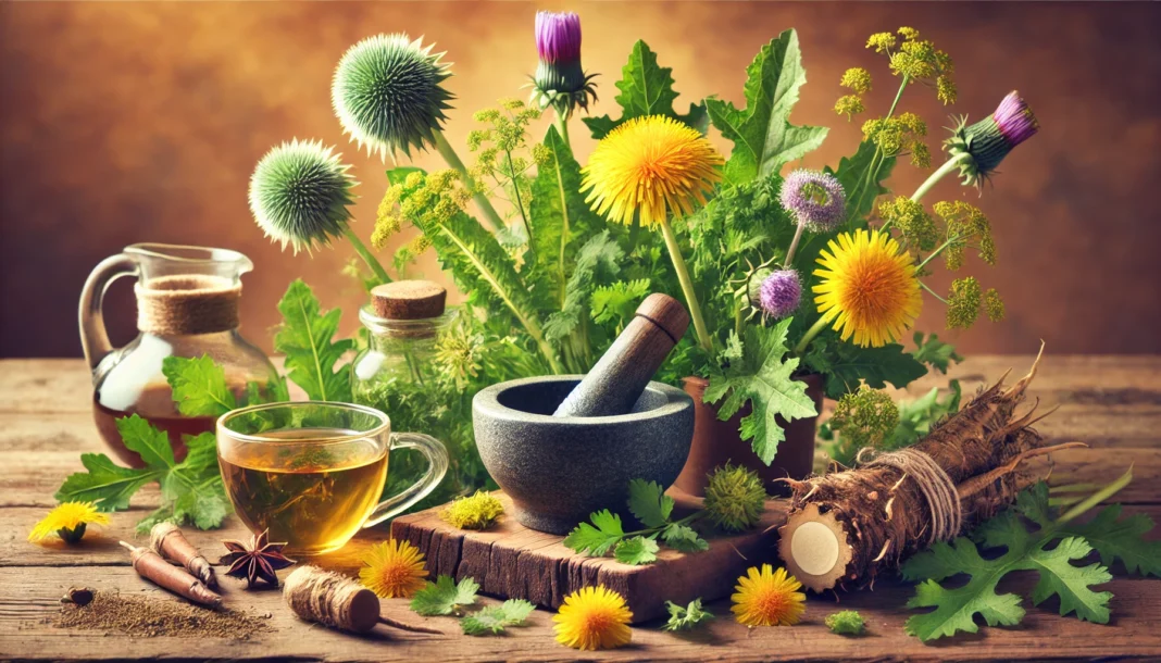 A vibrant assortment of detoxifying herbs, including dandelion, milk thistle, cilantro, and burdock root, displayed on a rustic wooden surface with a mortar and pestle, fresh leaves, and herbal tea, symbolizing natural cleansing and wellness