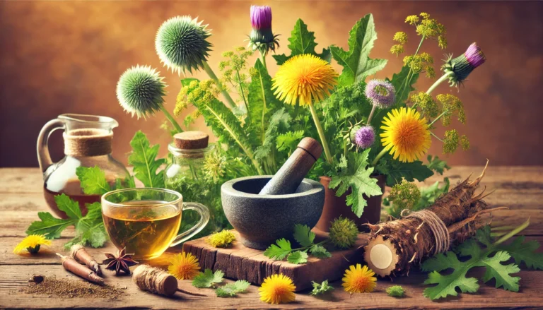 A vibrant assortment of detoxifying herbs, including dandelion, milk thistle, cilantro, and burdock root, displayed on a rustic wooden surface with a mortar and pestle, fresh leaves, and herbal tea, symbolizing natural cleansing and wellness
